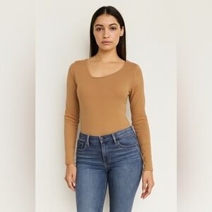 7 For All Mankind Long Sleeve Ribbed Bodysuit Tan Size L